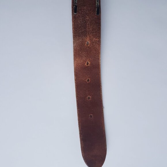 Vintage Brown Leather Belt ASK Hong Kong Black Contrast Stitch Silver Buckle - Picture 6 of 9